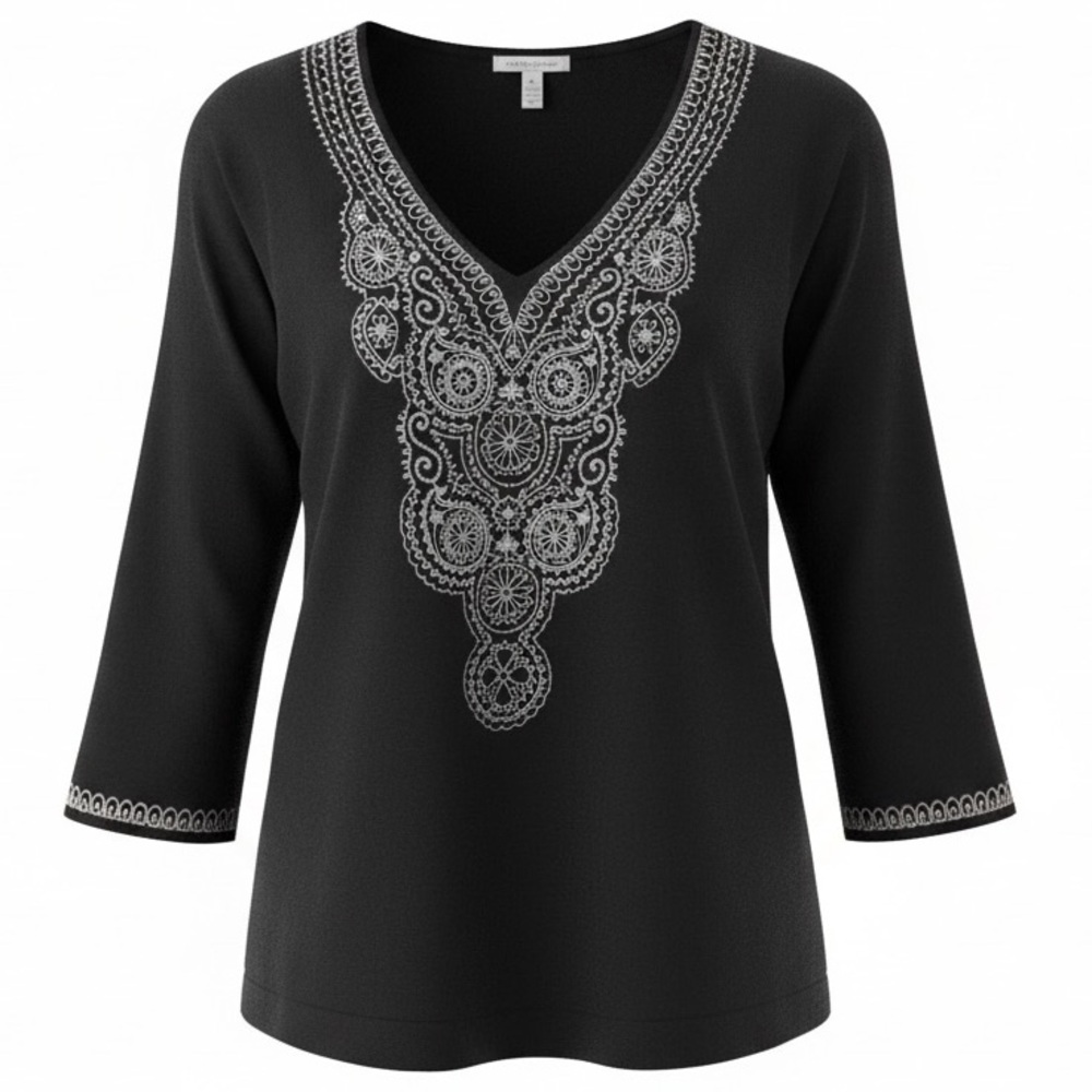 NIC+ZOE Black Top with Silver Embroidery